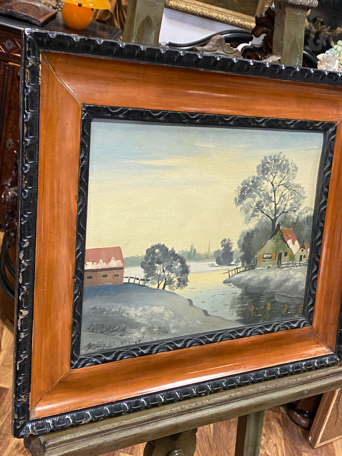 ÖL GEMÄLDE WINTERLANDSCHAFT MIT HÄUSERN AM FLUSS F. LASSEE ABMESSUNGEN 62x52cm – Bild 9