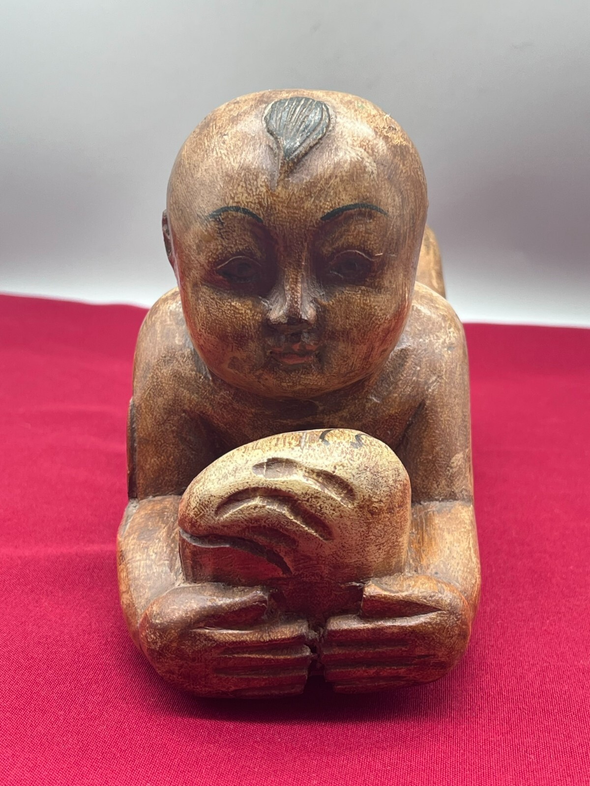 CHINA SKULPTUR KOPFKISSEN JUNGE LIEGEND HOLZ MASSIV HANDGESCHNITZT – Bild 6