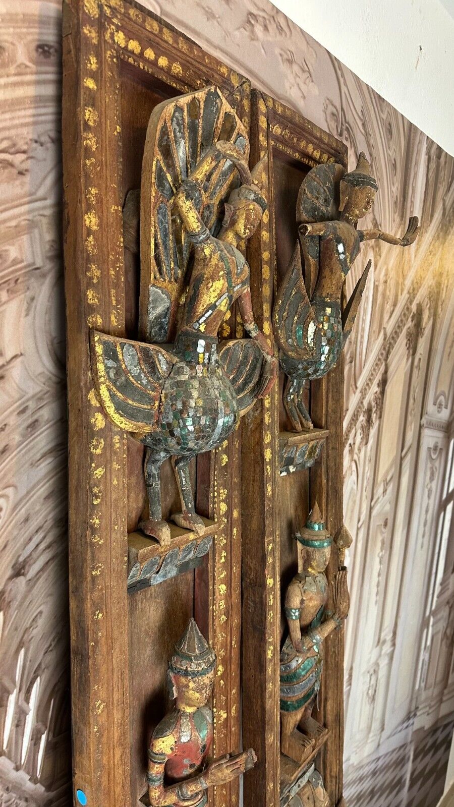 PAAR ANTIKE WAND ELEMENTE TÜR RAHMEN THAILAND UM 1900 FIGUREN SKULPTUREN 252cm – Bild 4