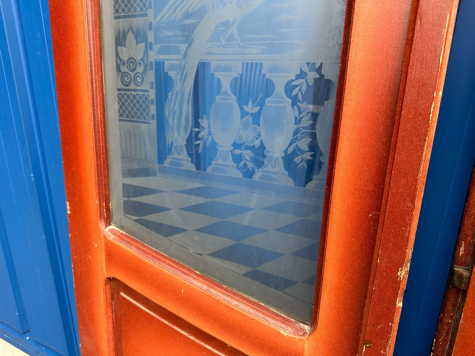 3x ANTIKE TÜR INNENTÜR MIT GLASSCHEIBE ÄTZDEKOR UM 1900 JUGENDSTIL VÖGEL AMPHORE – Bild 9