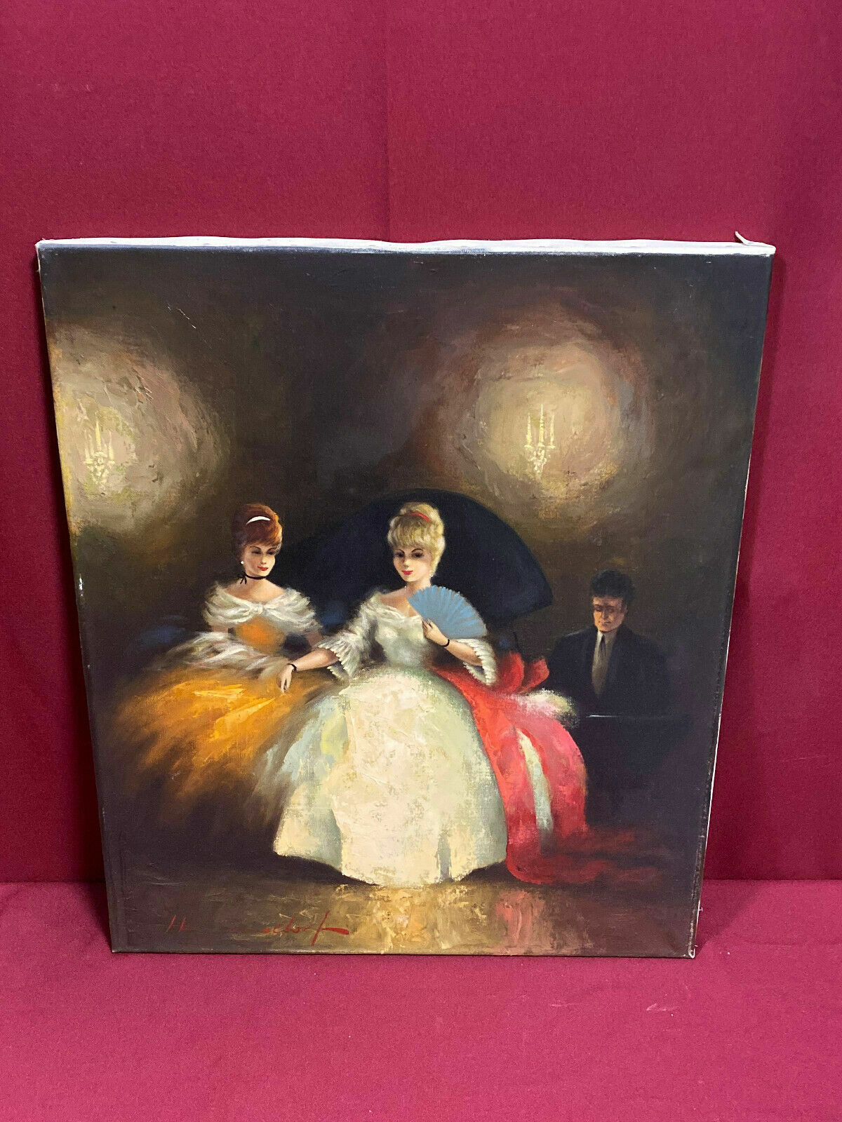 ÖLGEMÄLDE GALANTER DAMENABEND SIGNIERTES GEMÄLDE IN SEHR GUTEM ZUSTAND – Bild 3