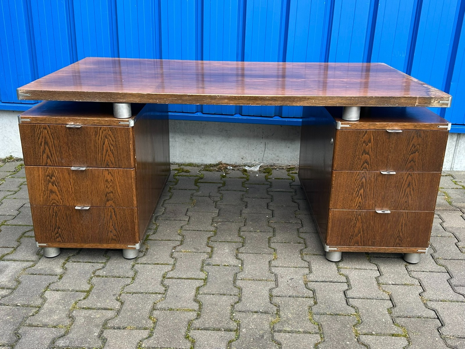 VINTAGE DESIGNER SCHREIBTISCH ALUMINIUM UND EICHE MASSIV – Bild 3