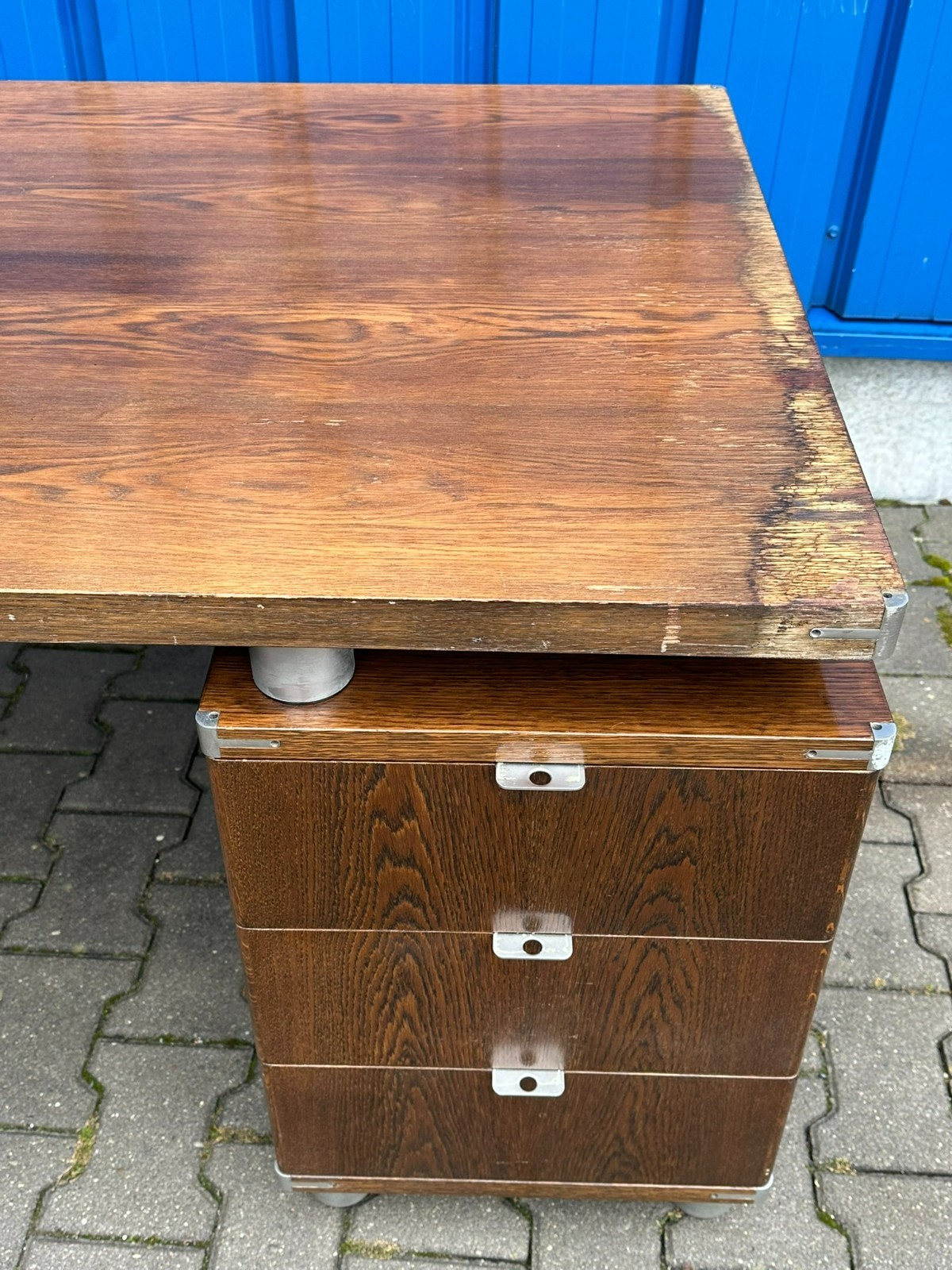 VINTAGE DESIGNER SCHREIBTISCH ALUMINIUM UND EICHE MASSIV – Bild 6