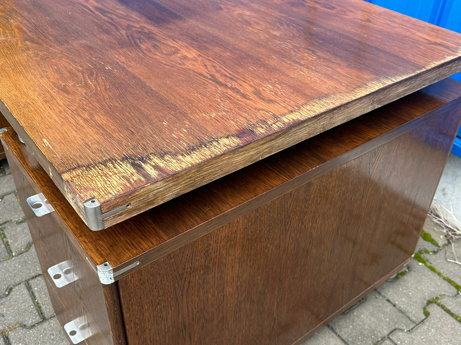 VINTAGE DESIGNER SCHREIBTISCH ALUMINIUM UND EICHE MASSIV – Bild 8