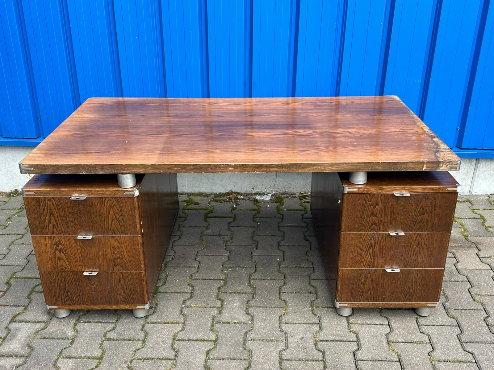 VINTAGE DESIGNER SCHREIBTISCH ALUMINIUM UND EICHE MASSIV