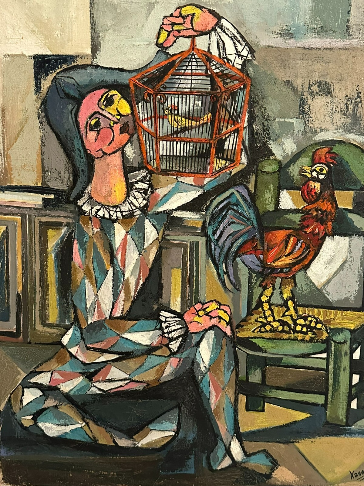 XAM Pedro QUETGLAS FERRER (1915-2001) ÖLGEMÄLDE 82x65cm HARLEQUIN CON GALLO