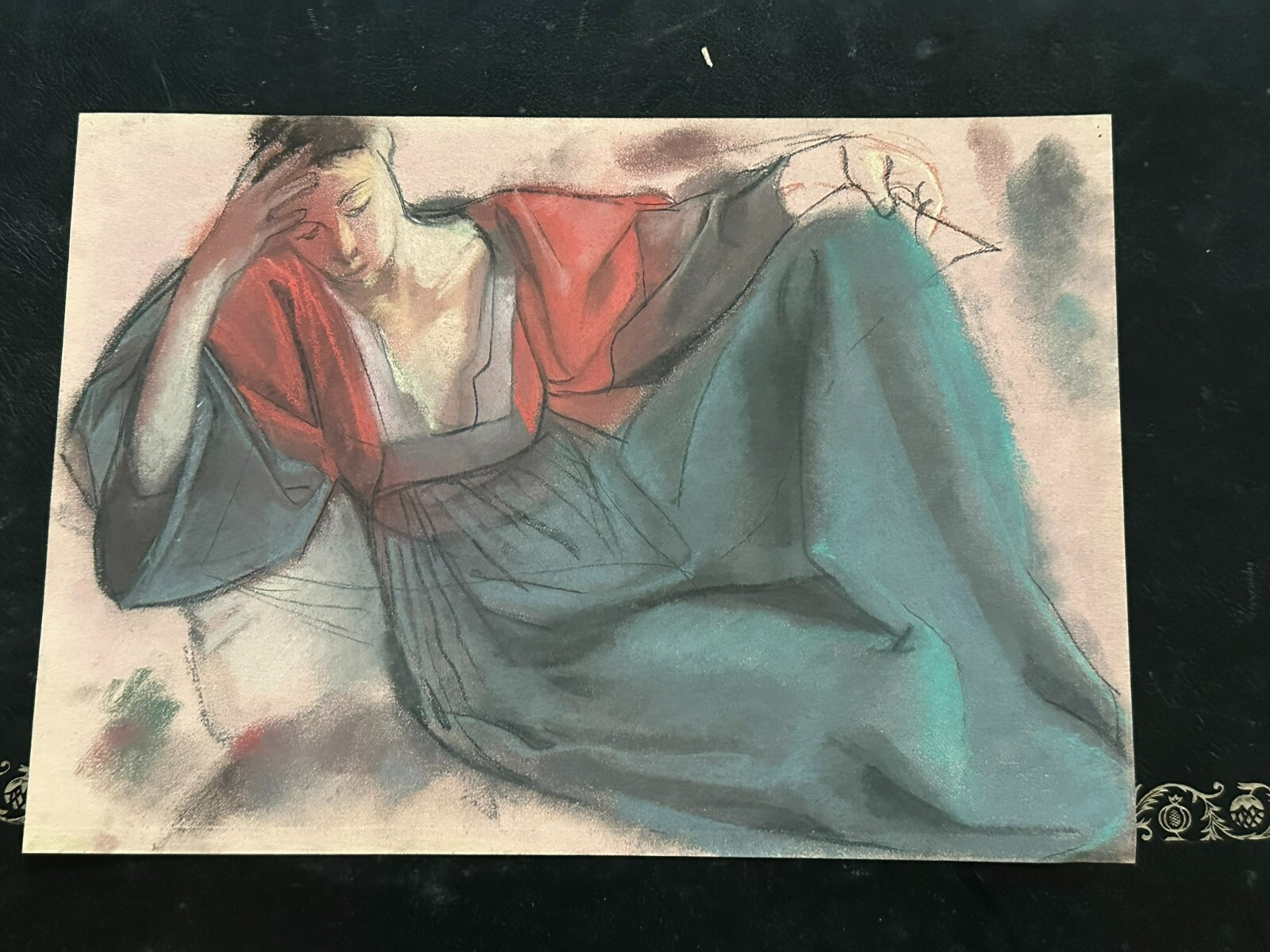 5x PASTELL ZEICHNUNG AUF PAPIER STUDIE PORTRAIT MUSIZIERENDE PERSONEN FRAUEN – Bild 12