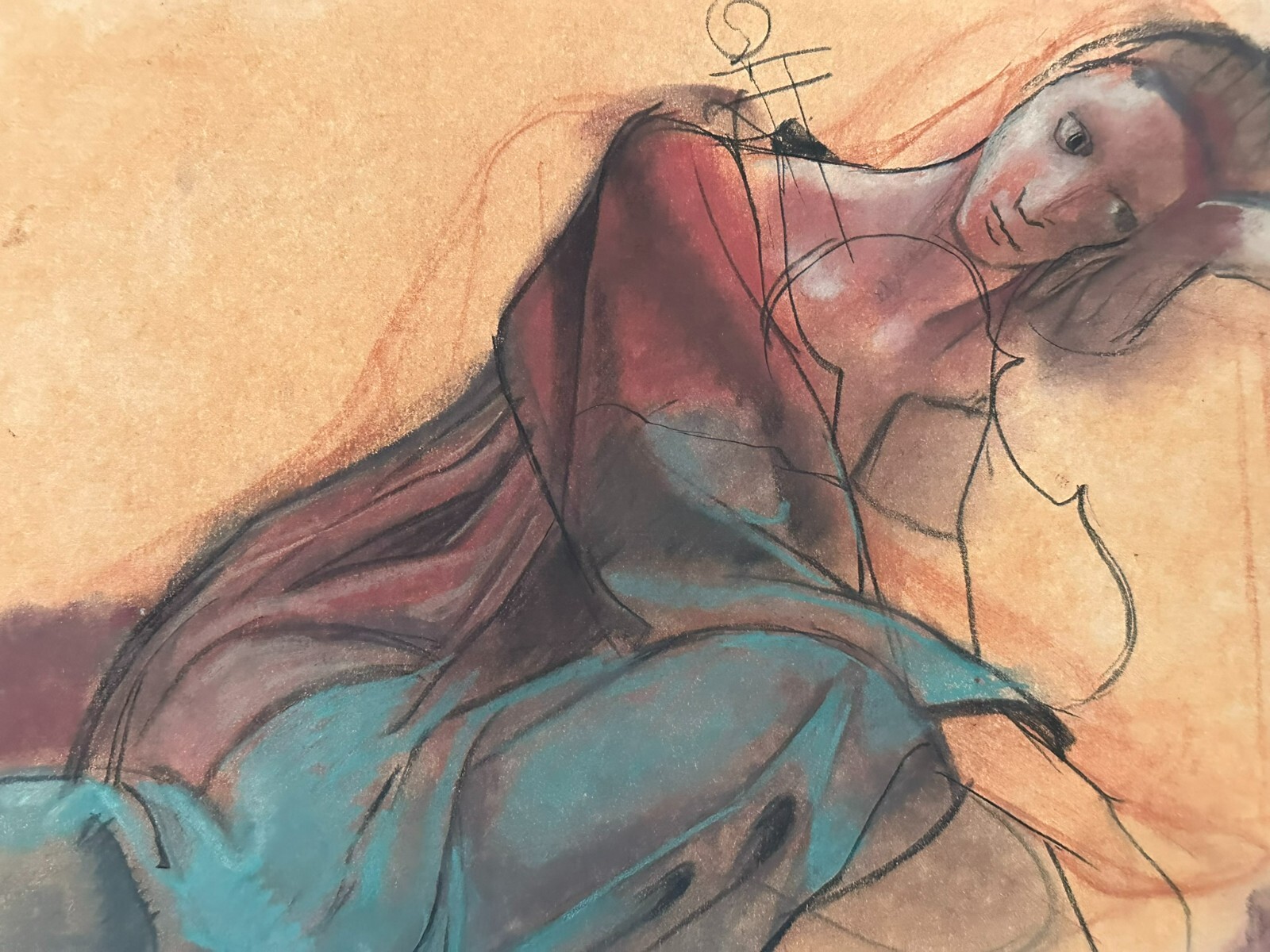 5x PASTELL ZEICHNUNG AUF PAPIER STUDIE PORTRAIT MUSIZIERENDE PERSONEN FRAUEN – Bild 8