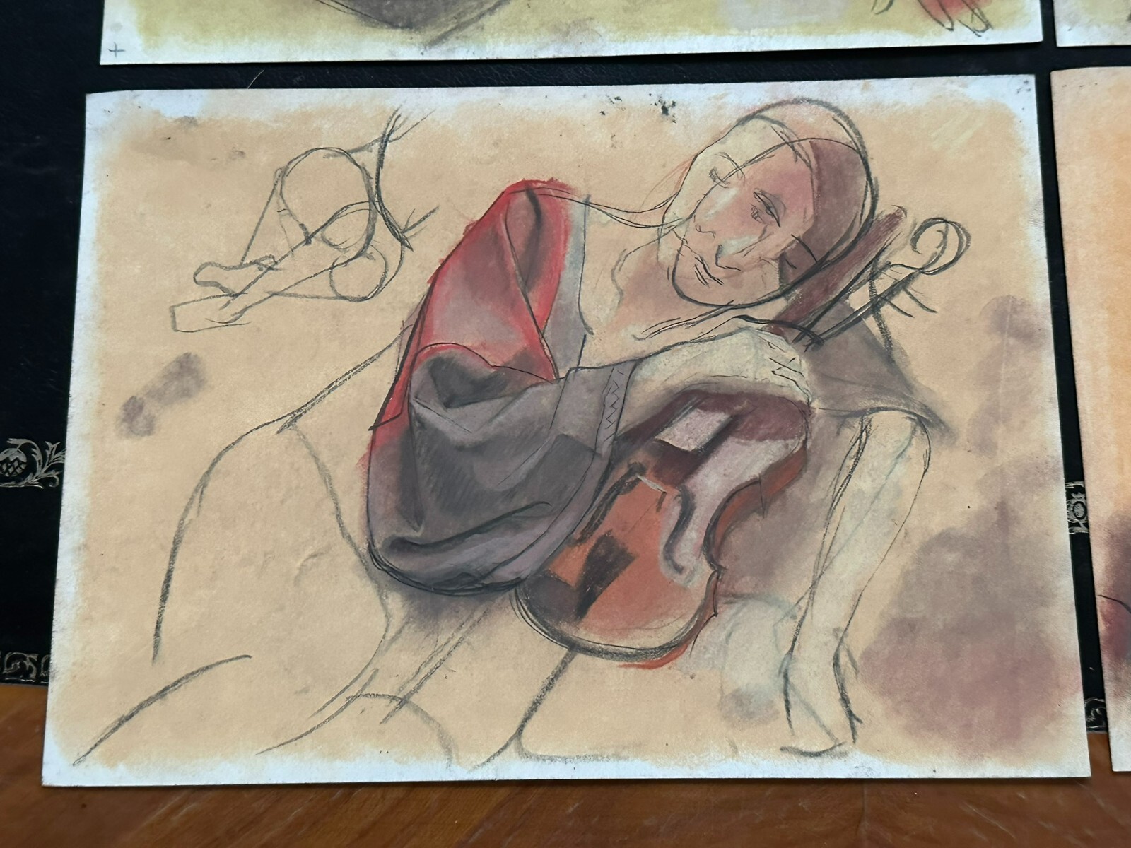 5x PASTELL ZEICHNUNG AUF PAPIER STUDIE PORTRAIT MUSIZIERENDE PERSONEN FRAUEN – Bild 9