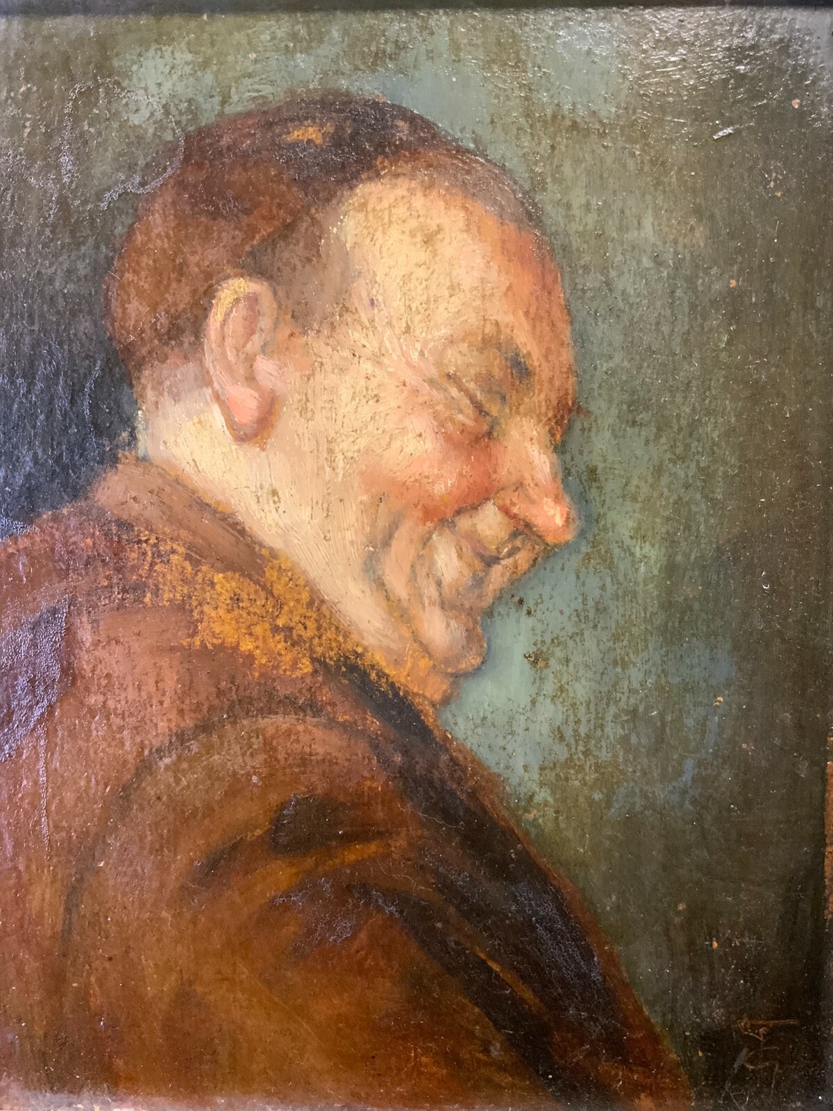 ÖLGEMÄLDE LACHENDER PRIESTER ÖL AUF PLATTE MONOGRAMMIST MIT RAHMEN 28x32cm – Bild 3