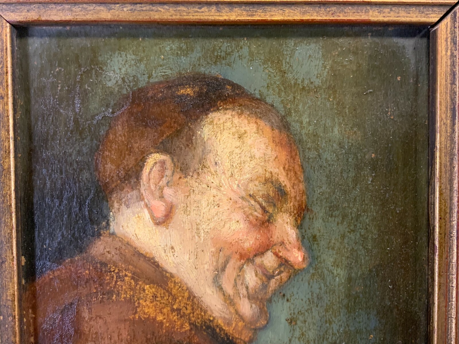 ÖLGEMÄLDE LACHENDER PRIESTER ÖL AUF PLATTE MONOGRAMMIST MIT RAHMEN 28x32cm – Bild 4