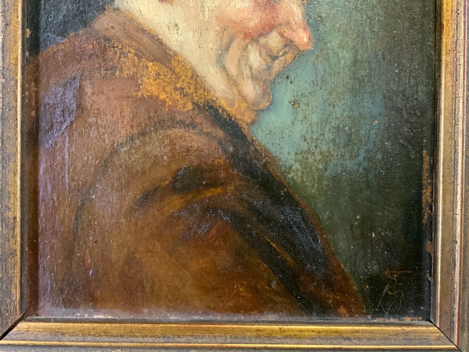 ÖLGEMÄLDE LACHENDER PRIESTER ÖL AUF PLATTE MONOGRAMMIST MIT RAHMEN 28x32cm – Bild 5