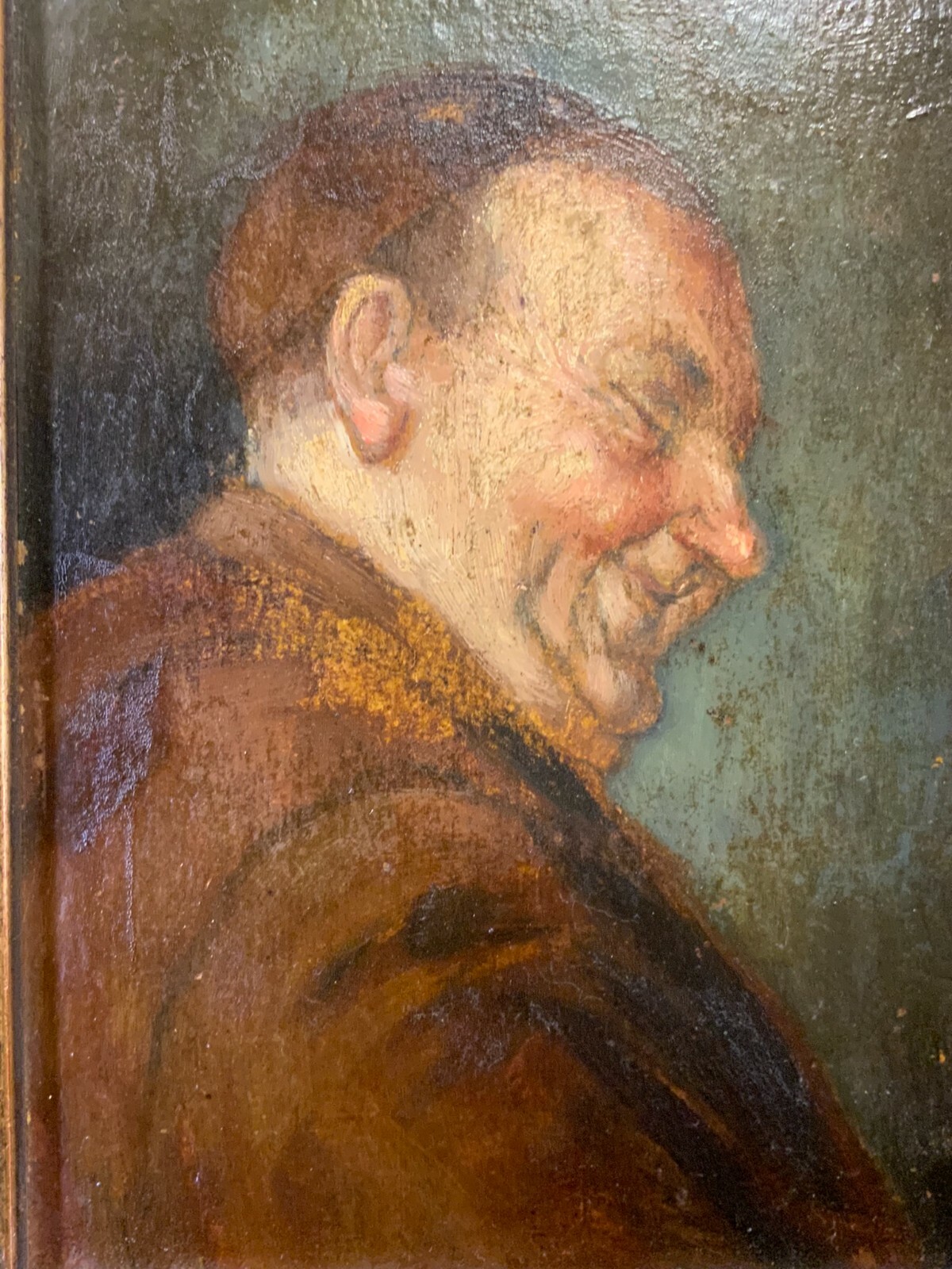 ÖLGEMÄLDE LACHENDER PRIESTER ÖL AUF PLATTE MONOGRAMMIST MIT RAHMEN 28x32cm – Bild 6