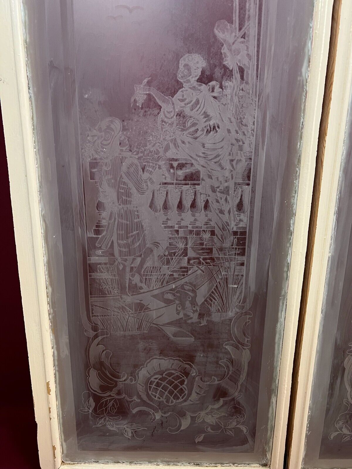 PAAR ANTIKE GLASSCHEIBEN JUGENDSTIL ORIGINAL UM 1900 PERSONEN BLUMEN – Bild 13