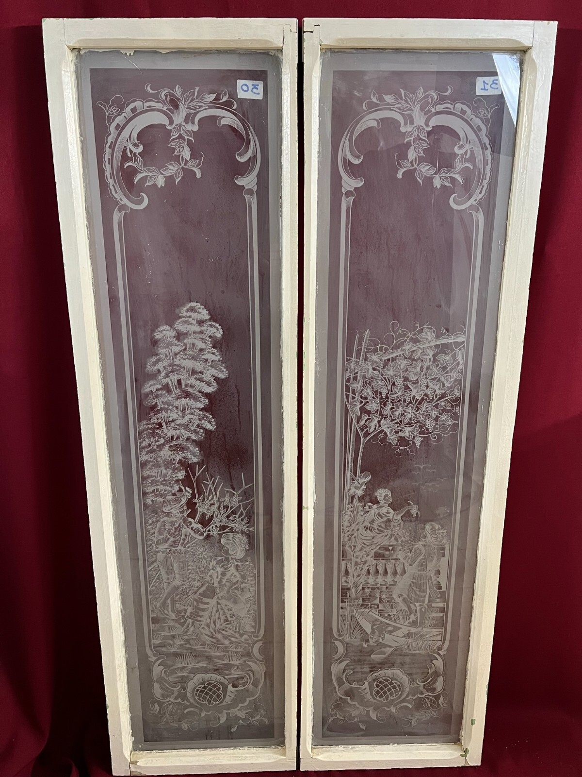 PAAR ANTIKE GLASSCHEIBEN JUGENDSTIL ORIGINAL UM 1900 PERSONEN BLUMEN – Bild 3