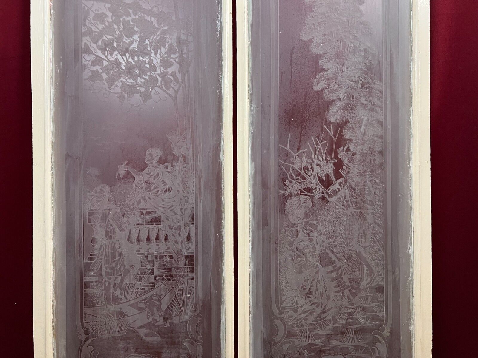 PAAR ANTIKE GLASSCHEIBEN JUGENDSTIL ORIGINAL UM 1900 PERSONEN BLUMEN – Bild 6
