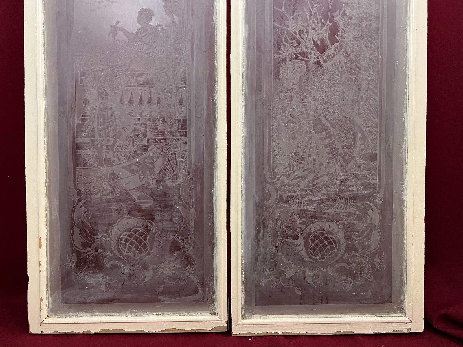 PAAR ANTIKE GLASSCHEIBEN JUGENDSTIL ORIGINAL UM 1900 PERSONEN BLUMEN – Bild 7