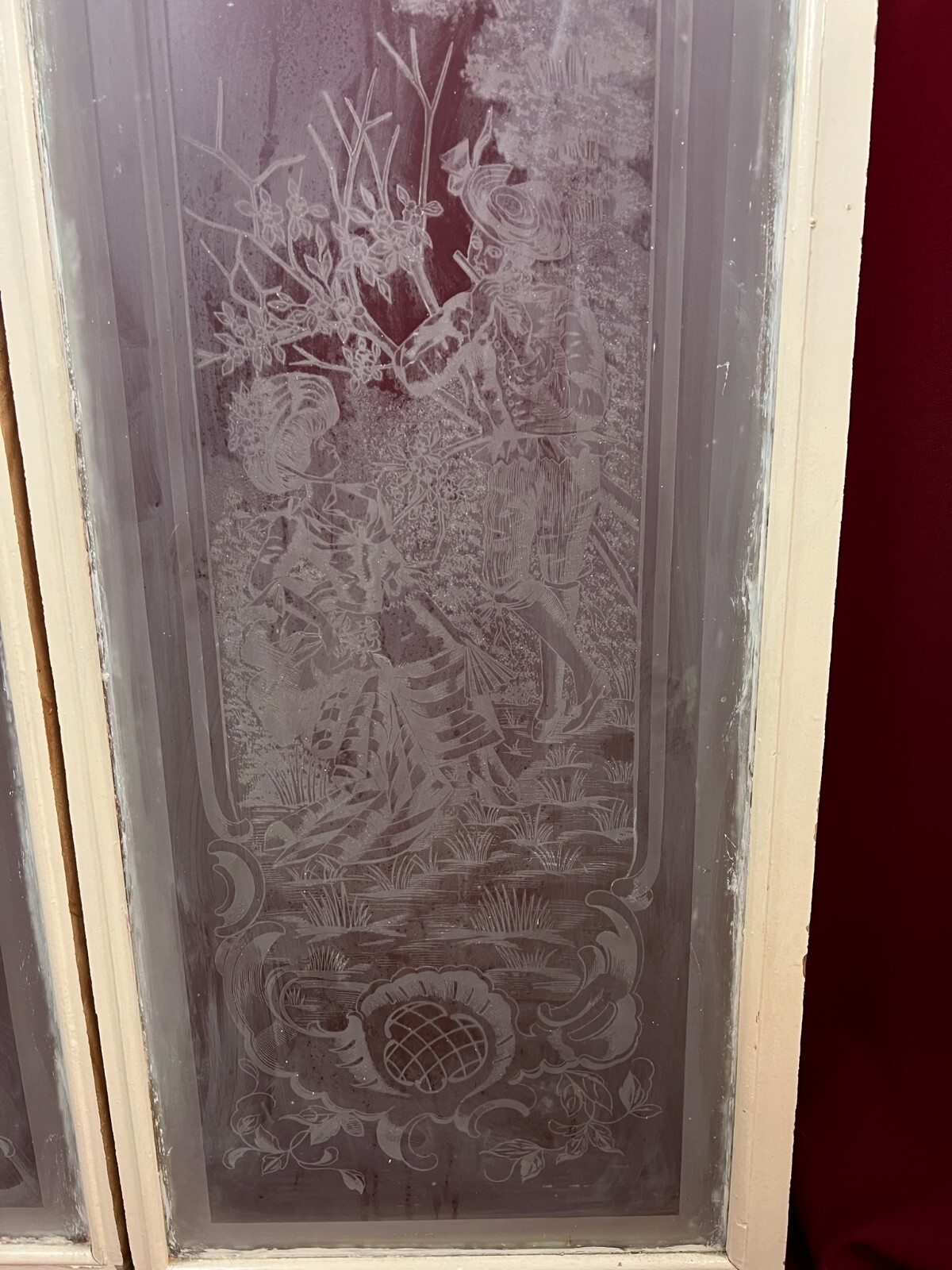 PAAR ANTIKE GLASSCHEIBEN JUGENDSTIL ORIGINAL UM 1900 PERSONEN BLUMEN – Bild 10