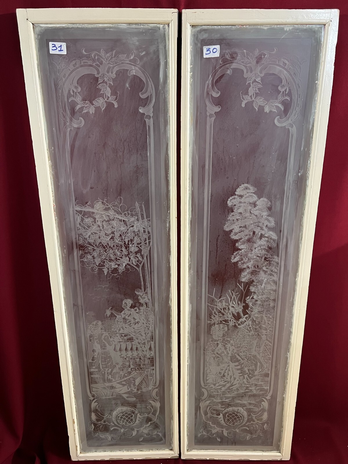 PAAR ANTIKE GLASSCHEIBEN JUGENDSTIL ORIGINAL UM 1900 PERSONEN BLUMEN