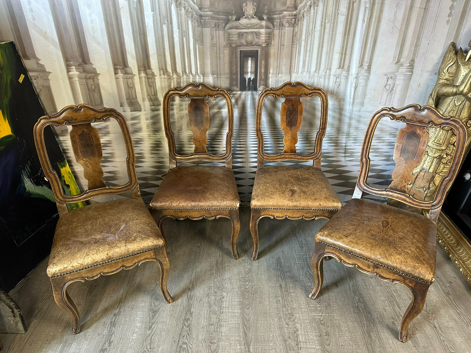 4x ANTIKER NEO BAROCKSTUHL BAROCK STUHL UM 1880 NUSSBAUM INTARSIEN ITALIEN