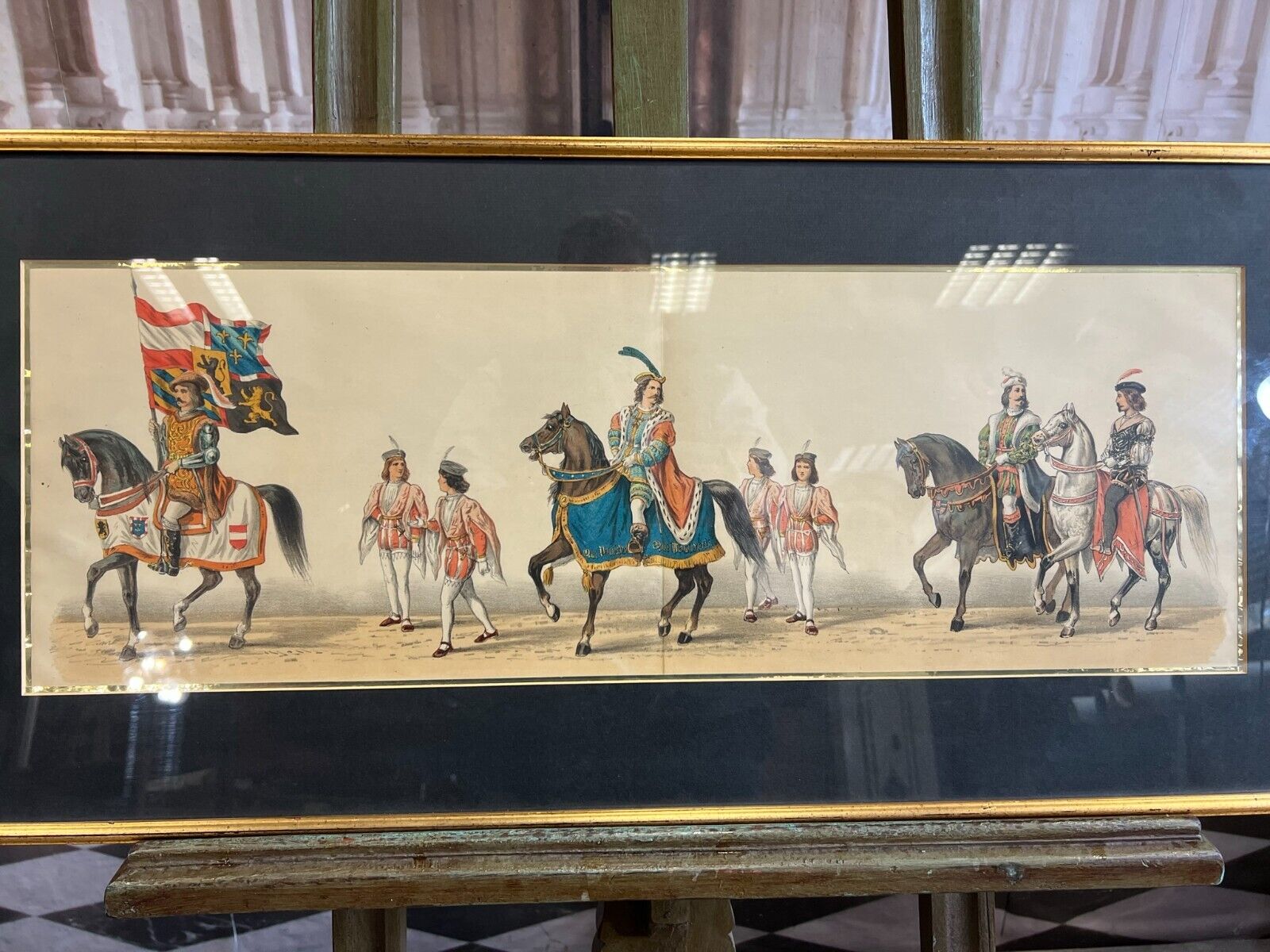 Farblithographie Edelleute zu Pferd gerahmt hinter Glas