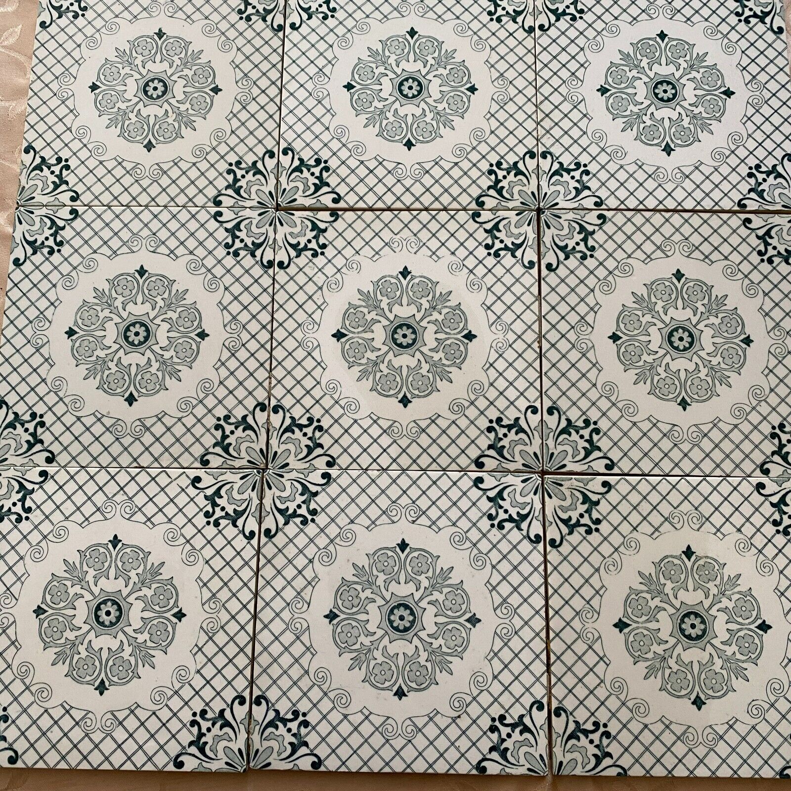 ANTIKE JUGENDSTIL FLIESEN 9 STÜCK SET KACHELN UM 1910 15x15cm AUS KERAMIK