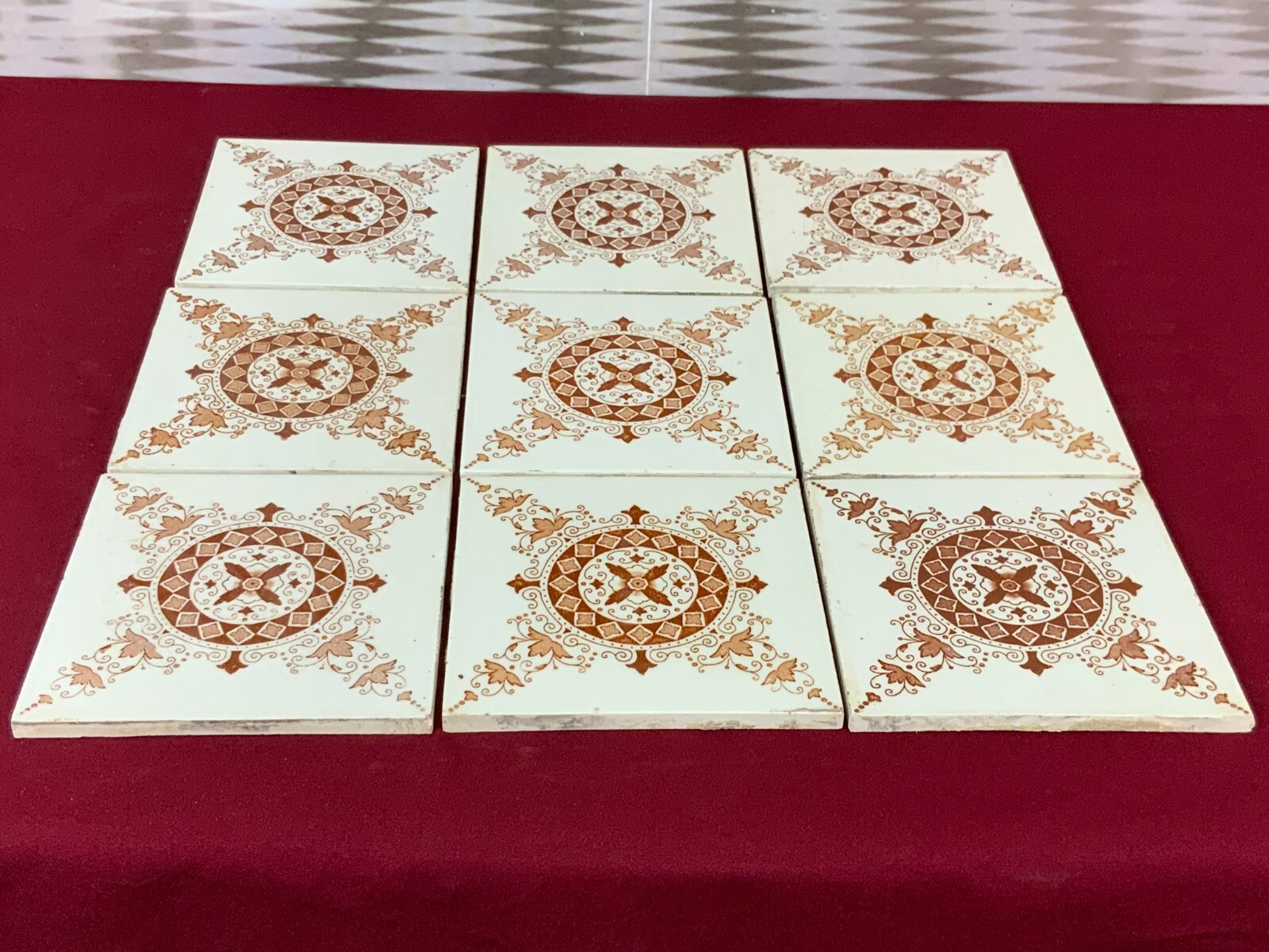 ANTIKE JUGENDSTIL FLIESEN 9 STÜCK SET KACHELN UM 1910 15x15cm AUS KERAMIK