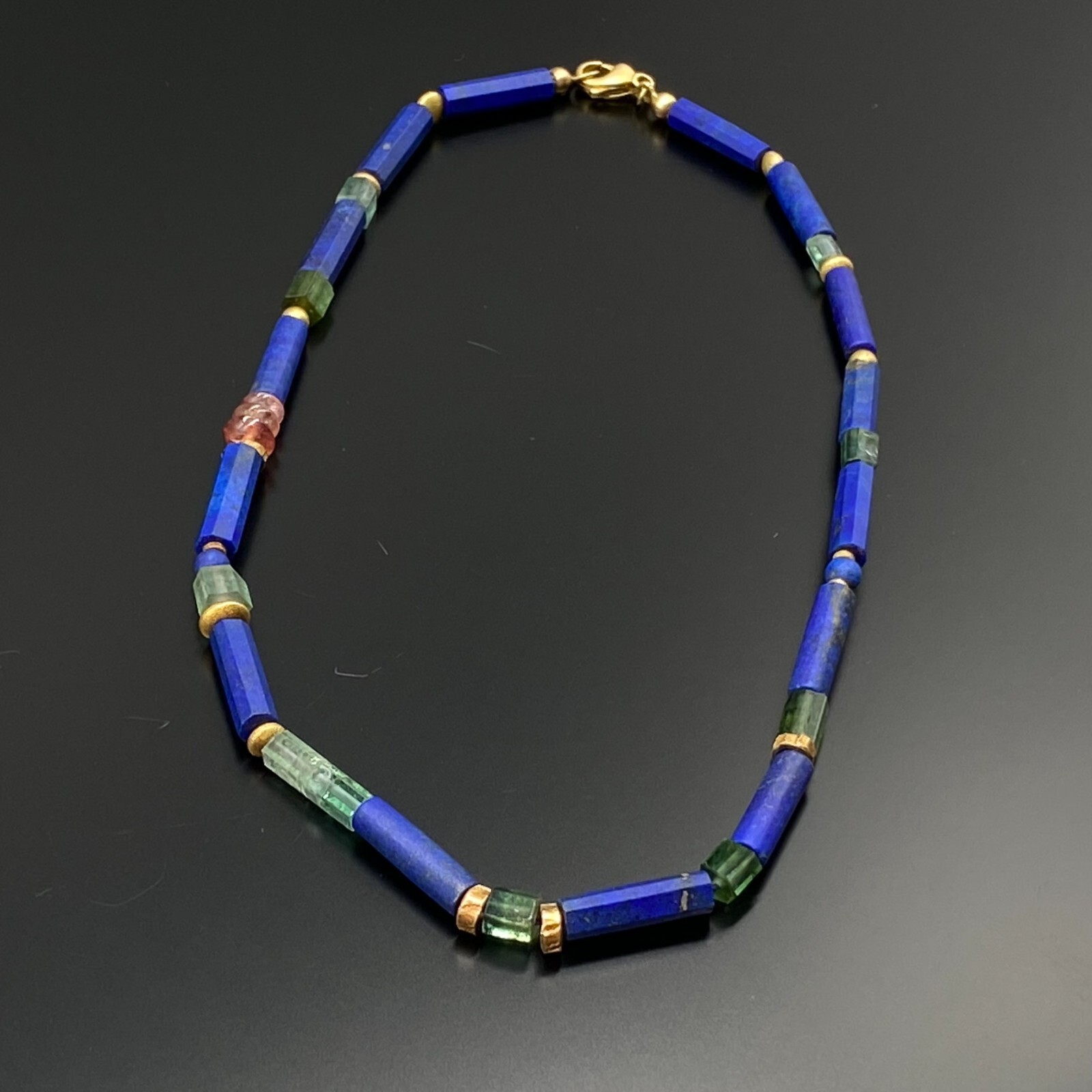 WUNDERVOLLE KETTE GELBGOLD 750 LAPIS LAZULI SMARAGDE SPINELL 36,5cm – Bild 4