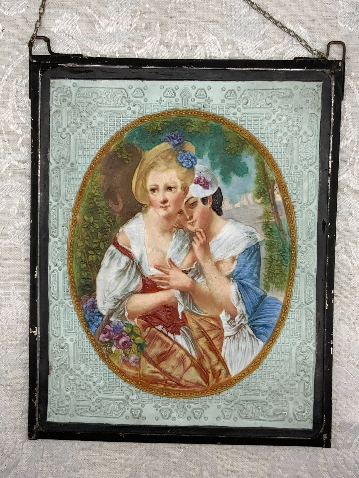 PORZELLAN PLAKETTE HANDBEMALT GALANTE DAMEN METALLRAHMEN – Bild 7