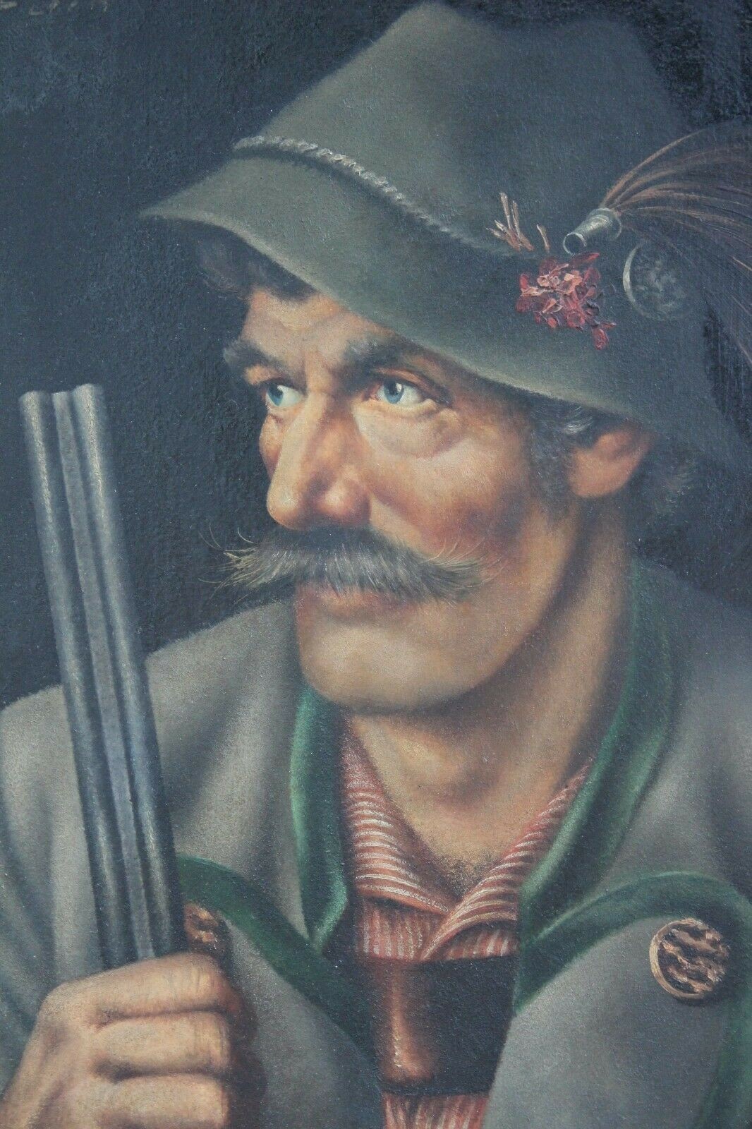 ÖL GEMÄLDE PORTRAIT JÄGER MIT GEWEHR SIGNIERT KRAIN GERAHMT 38x44cm – Bild 3