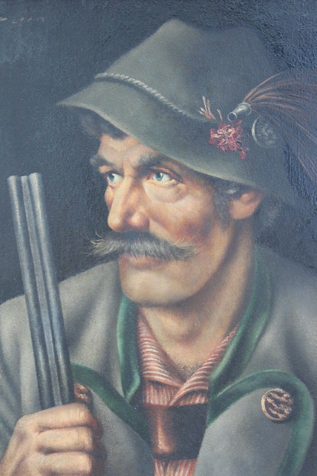 ÖL GEMÄLDE PORTRAIT JÄGER MIT GEWEHR SIGNIERT KRAIN GERAHMT 38x44cm – Bild 5