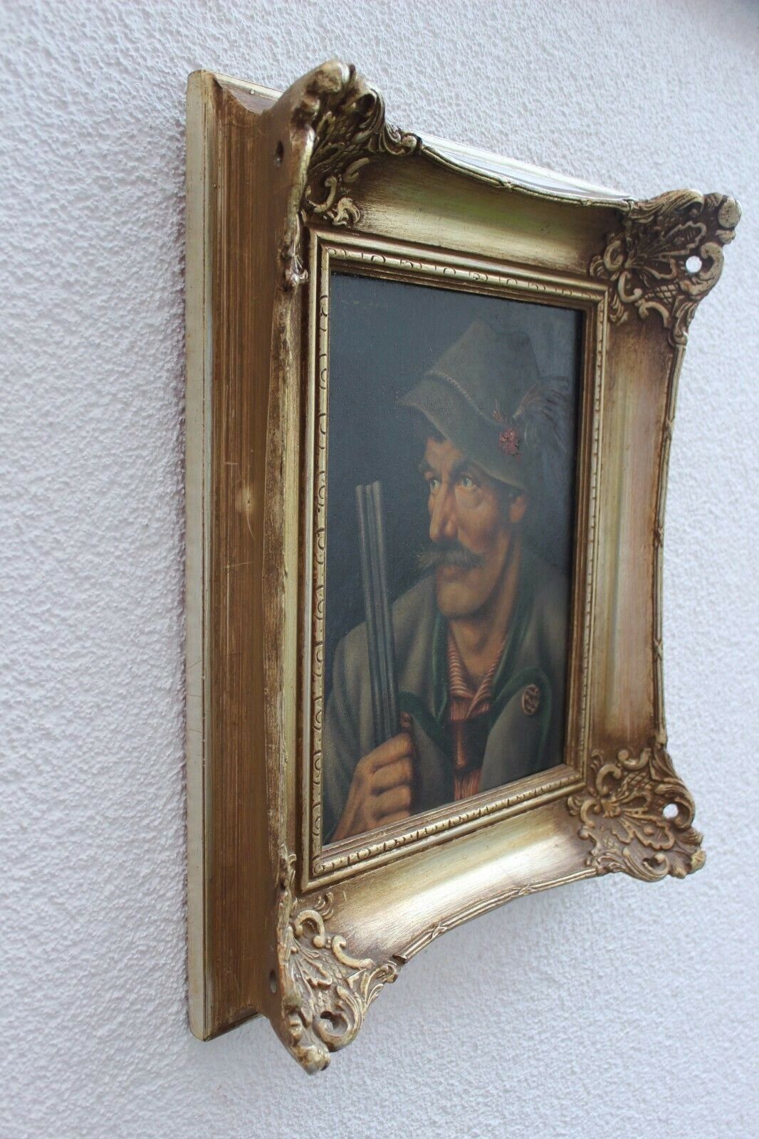 ÖL GEMÄLDE PORTRAIT JÄGER MIT GEWEHR SIGNIERT KRAIN GERAHMT 38x44cm – Bild 6