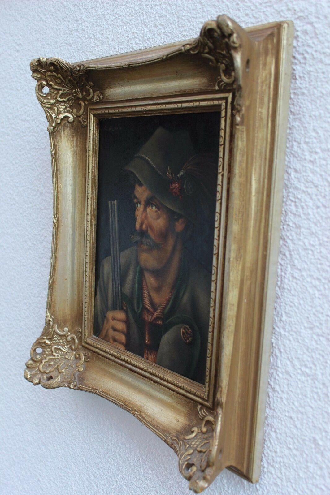 ÖL GEMÄLDE PORTRAIT JÄGER MIT GEWEHR SIGNIERT KRAIN GERAHMT 38x44cm – Bild 7