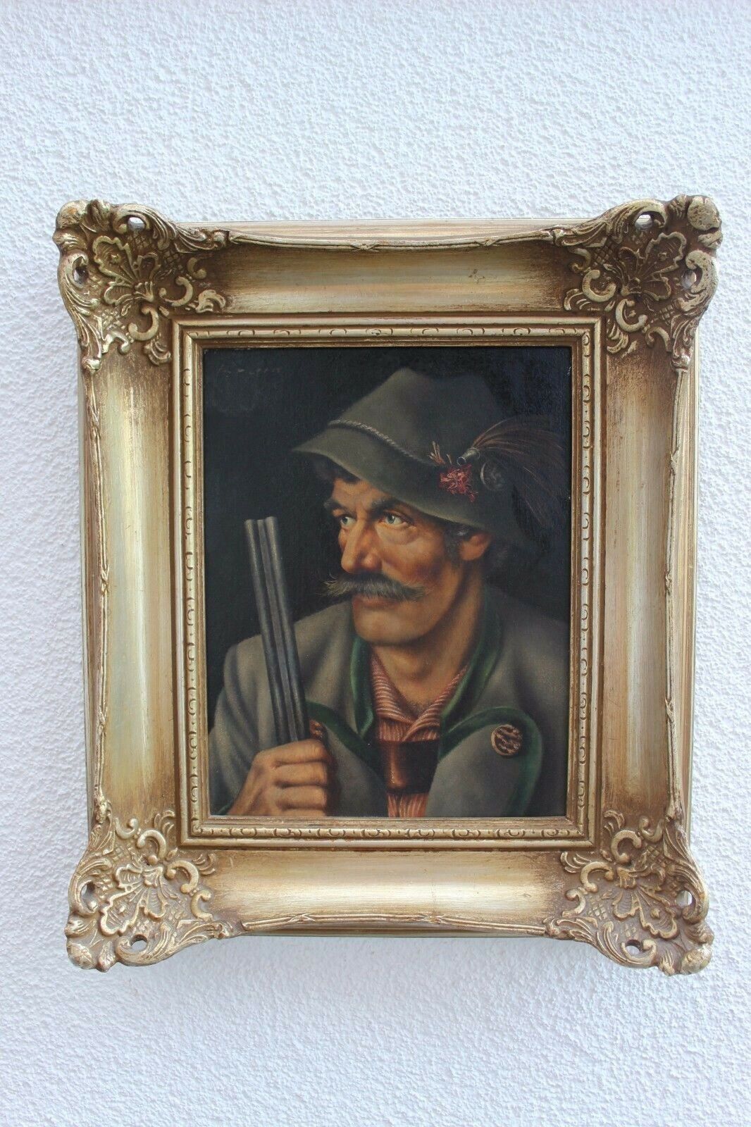 ÖL GEMÄLDE PORTRAIT JÄGER MIT GEWEHR SIGNIERT KRAIN GERAHMT 38x44cm