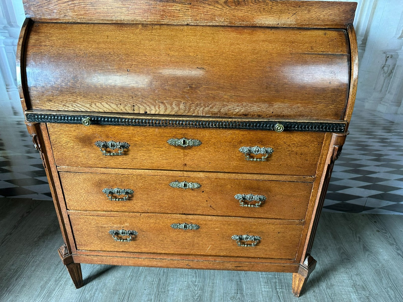 ANTIKER LOUIS SEIZE ZYLINDERSCHREIBTISCH SEKRETÄR AUS EICHE UM 1780 ROLLSEKRETÄR – Bild 7