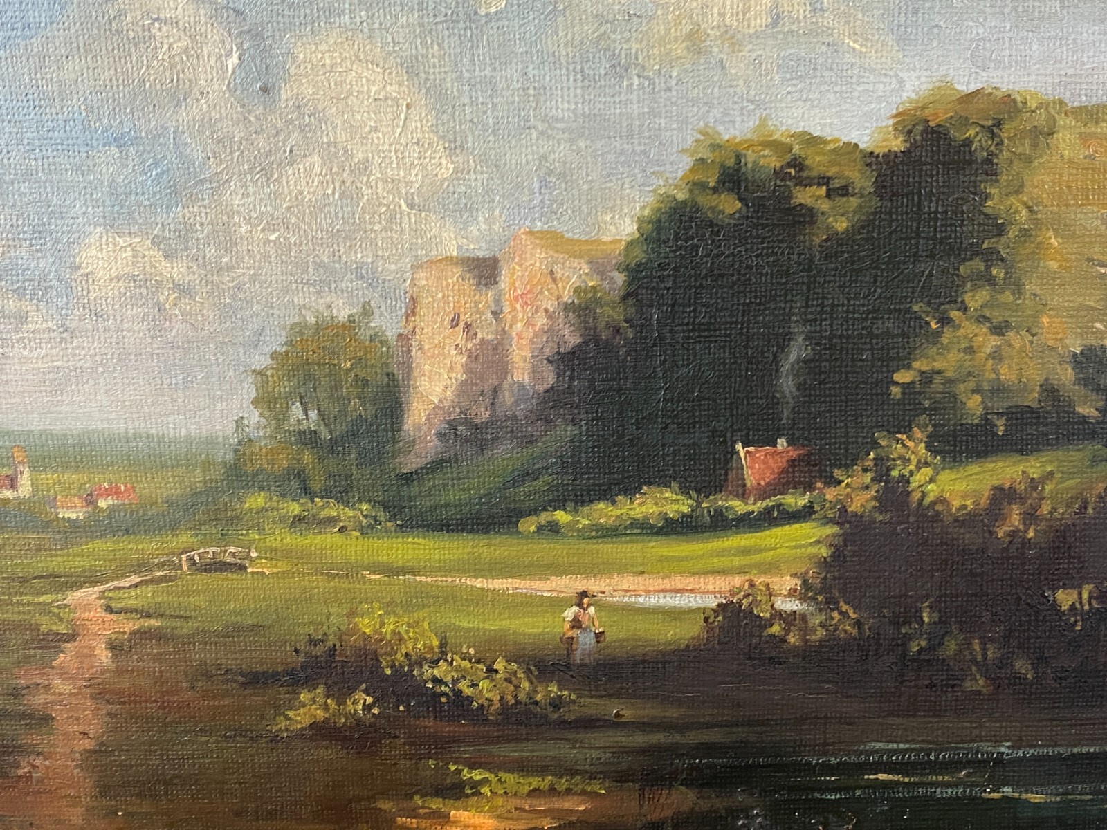 ÖLGEMÄLDE FRAU AUF DEM WEG IN LANDSCHAFT GEMÄLDE SIGNIERT HÖHNE GERAHMT