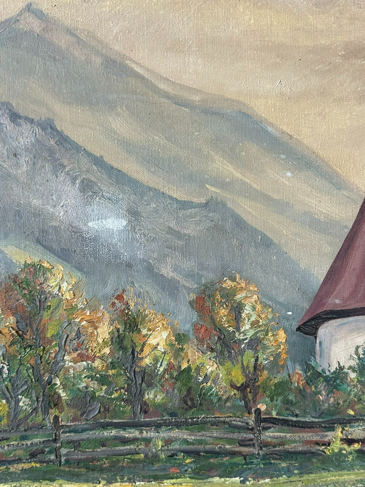 ÖLGEMÄLDE AUF LEINWAND LANDSCHAFT MIT HÄUSERN VOR GEBIRGE NICHT SIGNIERT – Bild 4