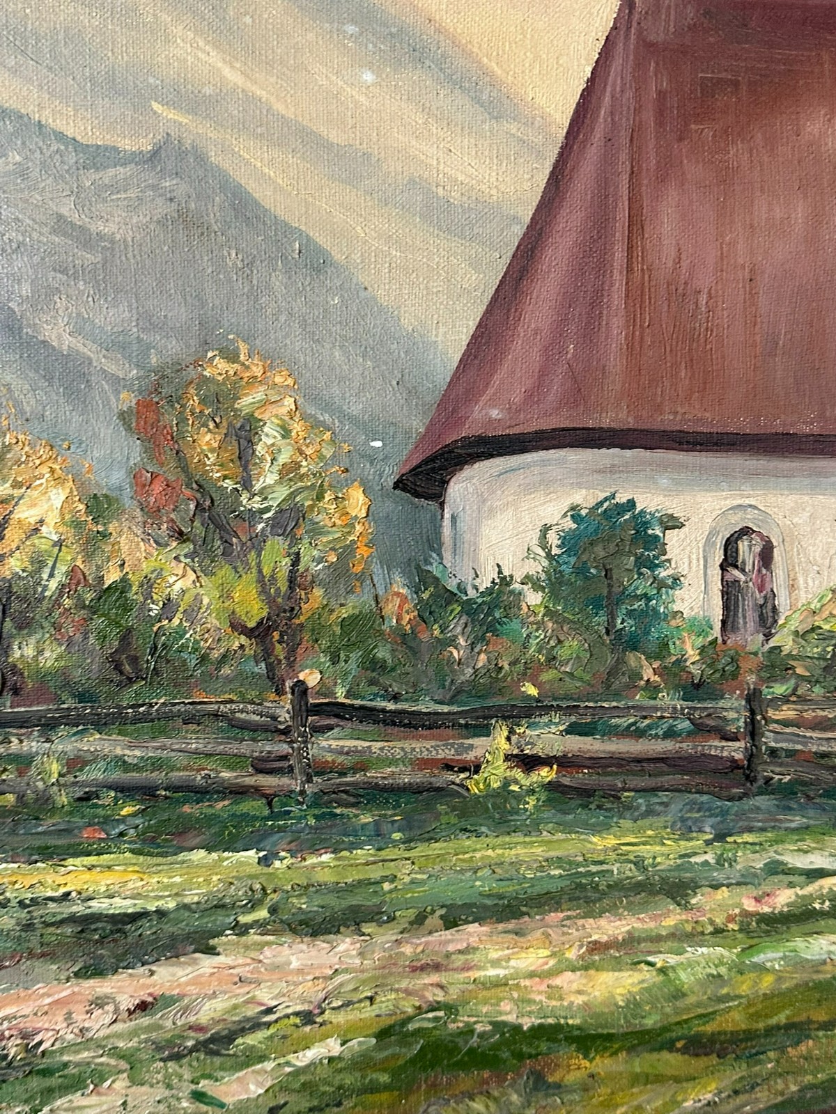 ÖLGEMÄLDE AUF LEINWAND LANDSCHAFT MIT HÄUSERN VOR GEBIRGE NICHT SIGNIERT – Bild 5