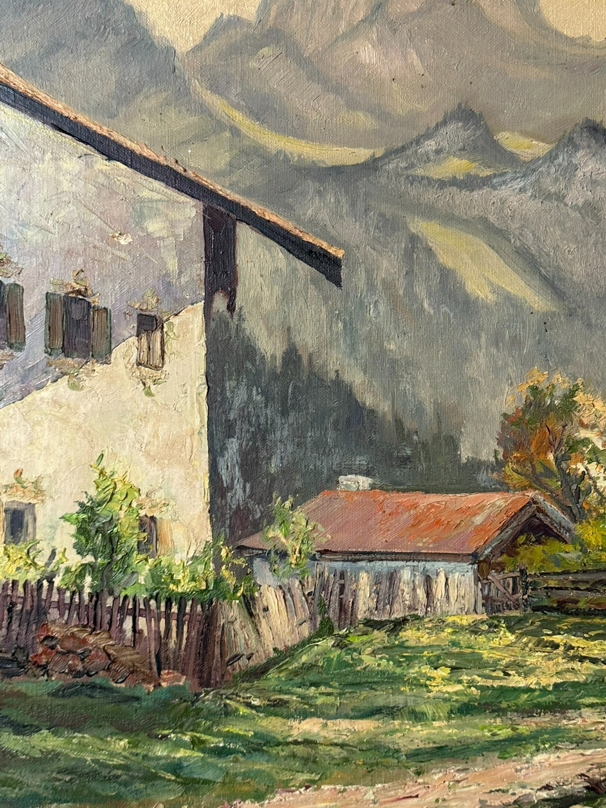 ÖLGEMÄLDE AUF LEINWAND LANDSCHAFT MIT HÄUSERN VOR GEBIRGE NICHT SIGNIERT – Bild 6