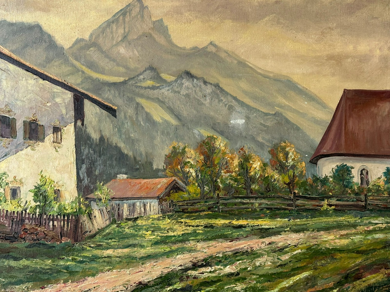 ÖLGEMÄLDE AUF LEINWAND LANDSCHAFT MIT HÄUSERN VOR GEBIRGE NICHT SIGNIERT