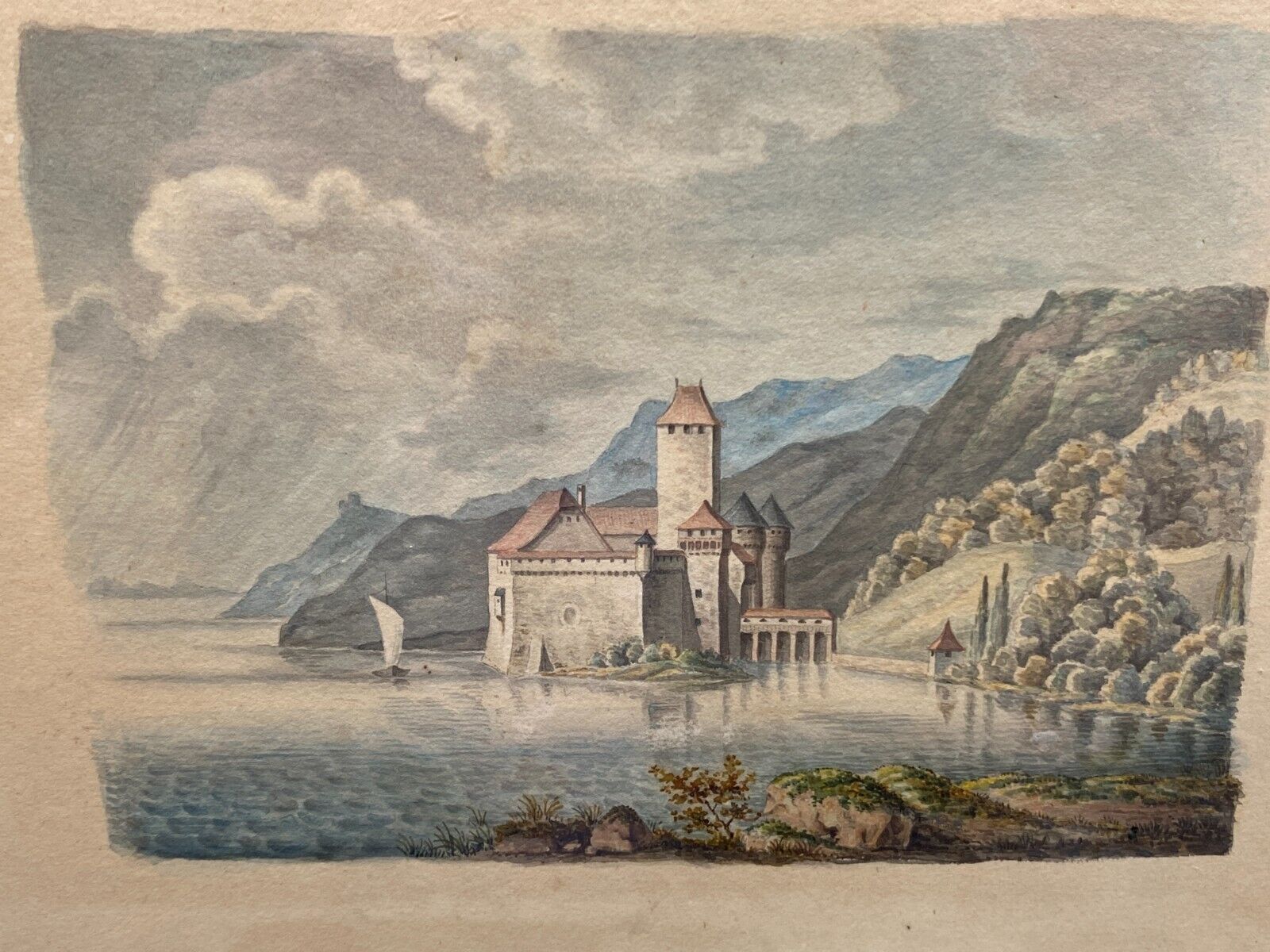 ANTIKES AQUARELL 19 TES SCHLOSS AM SEE VOR BERGKULISSE BEZEICHNET LOEFFELHOLZ – Bild 4