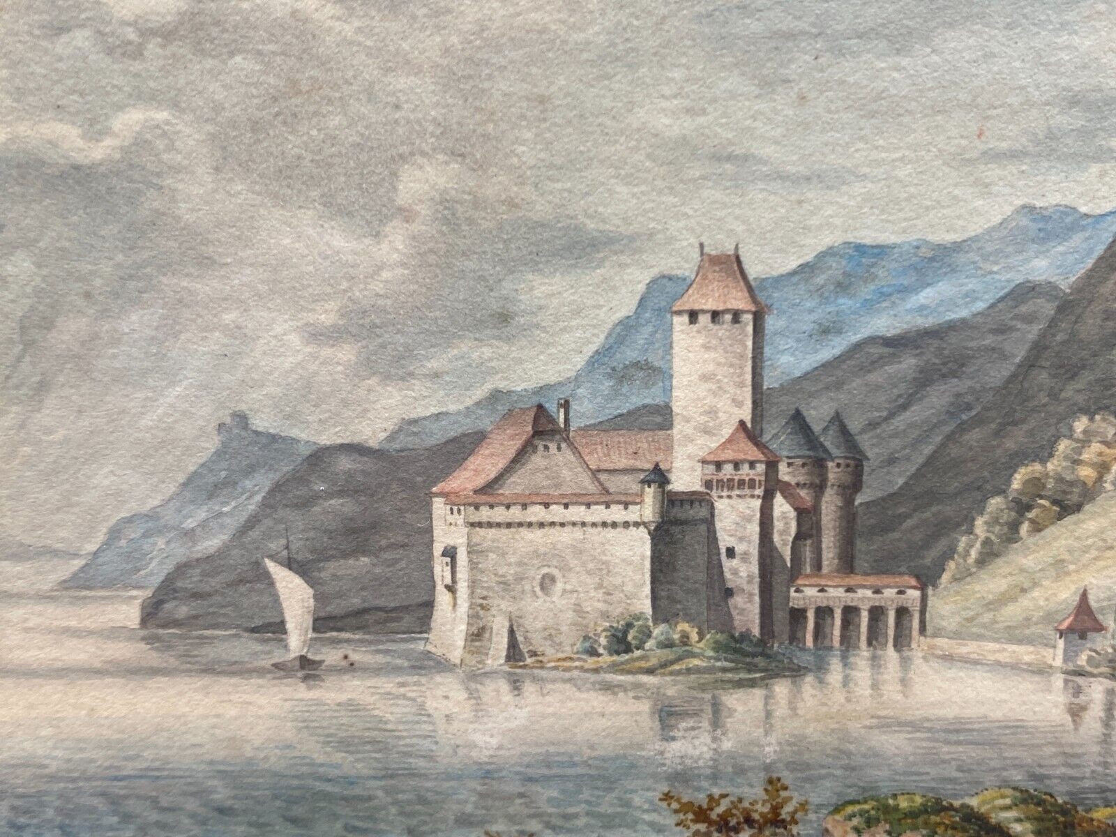 ANTIKES AQUARELL 19 TES SCHLOSS AM SEE VOR BERGKULISSE BEZEICHNET LOEFFELHOLZ – Bild 5