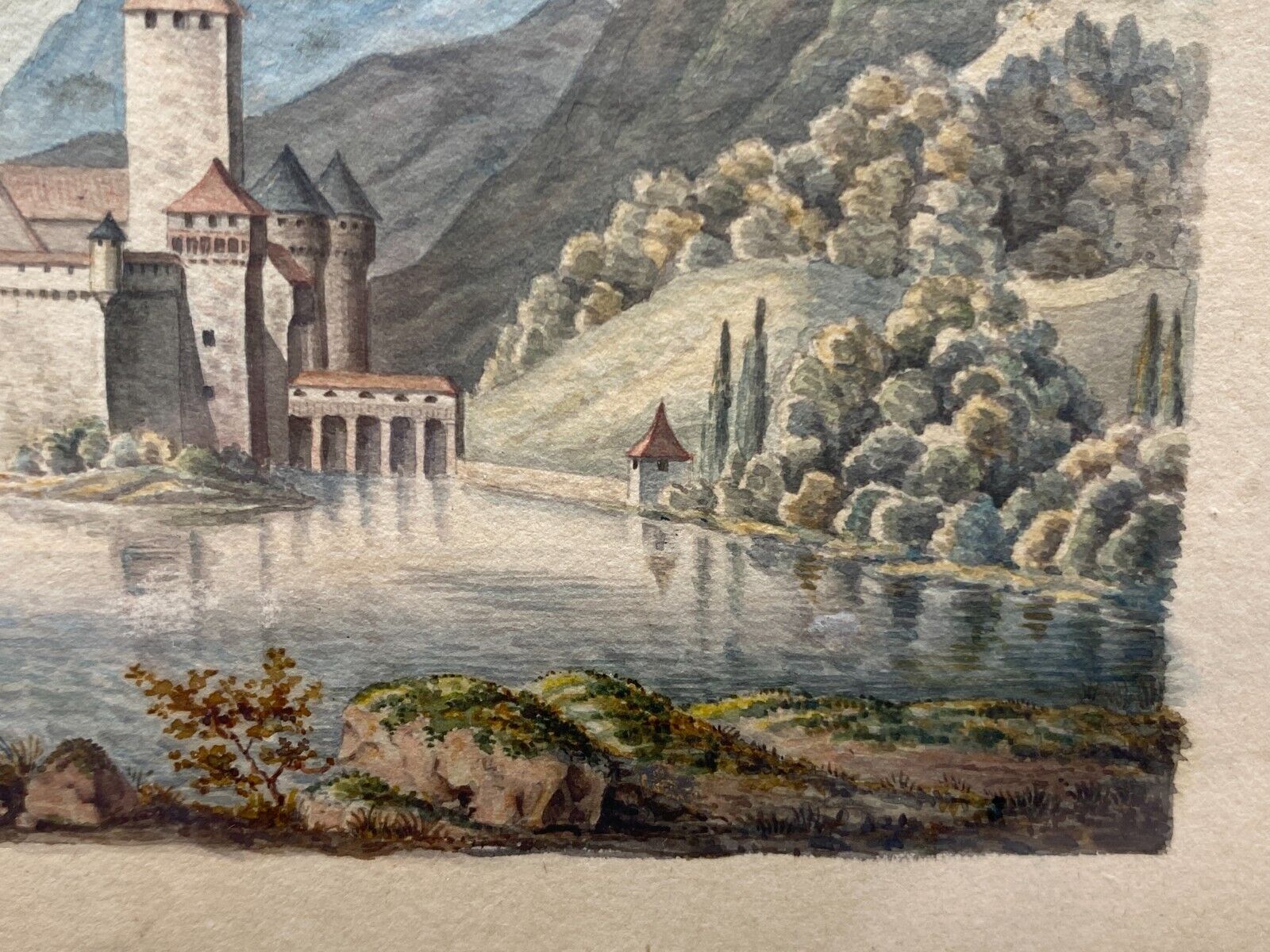 ANTIKES AQUARELL 19 TES SCHLOSS AM SEE VOR BERGKULISSE BEZEICHNET LOEFFELHOLZ – Bild 6