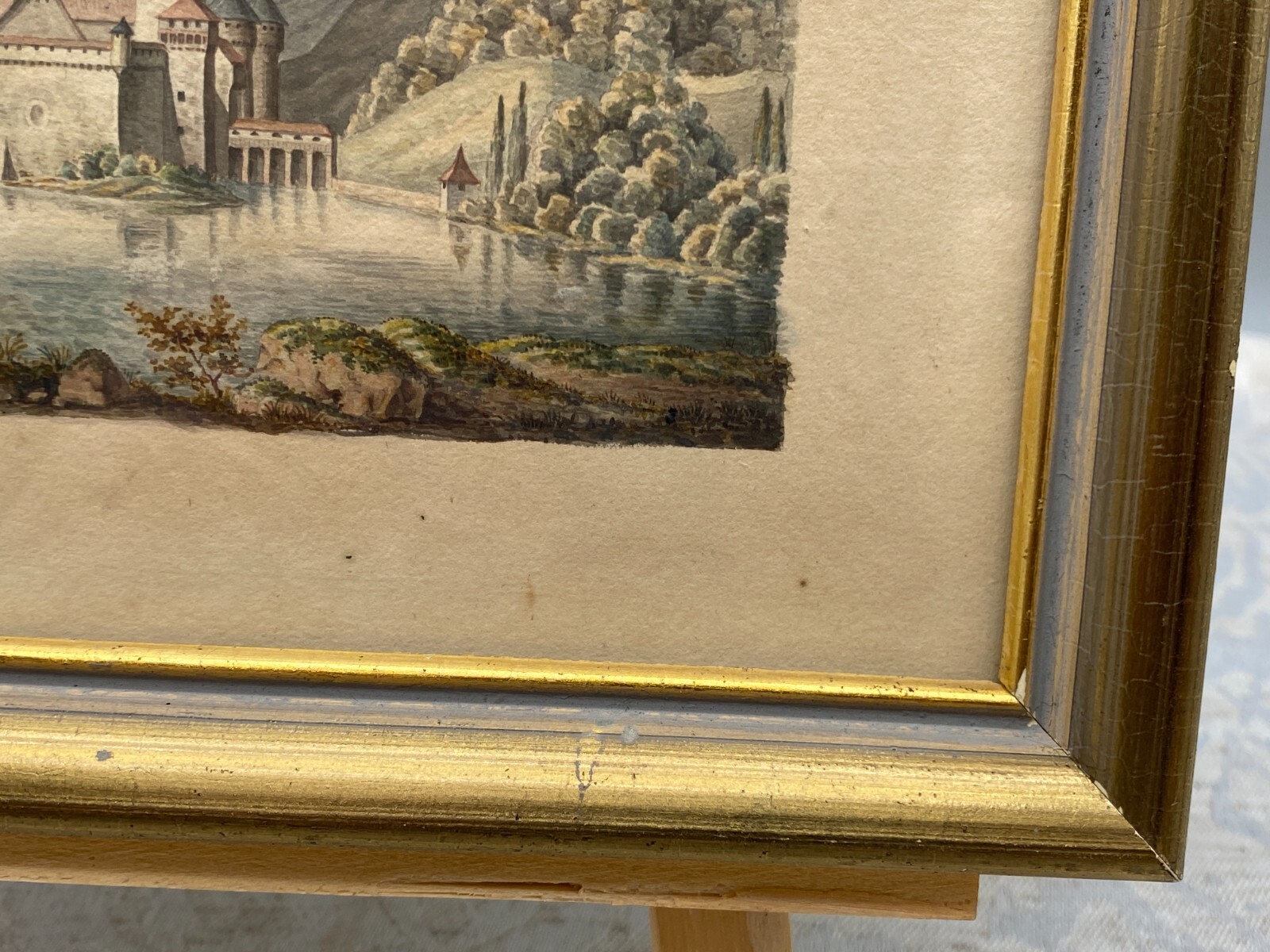 ANTIKES AQUARELL 19 TES SCHLOSS AM SEE VOR BERGKULISSE BEZEICHNET LOEFFELHOLZ – Bild 9