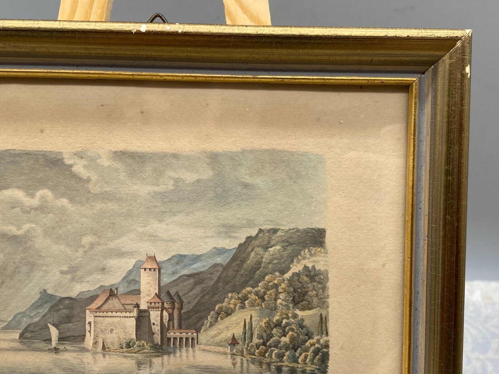 ANTIKES AQUARELL 19 TES SCHLOSS AM SEE VOR BERGKULISSE BEZEICHNET LOEFFELHOLZ – Bild 10