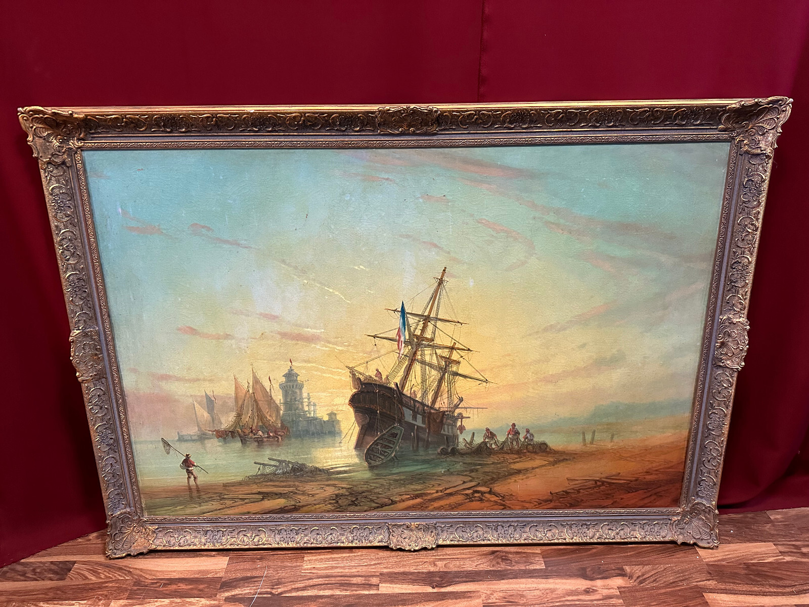 MONUMENTALES ÖLGEMÄLDE PRUNKRAHMEN SCHIFF IM HAFEN MIT PERSONEN STAFFAGE 168x119 – Bild 3