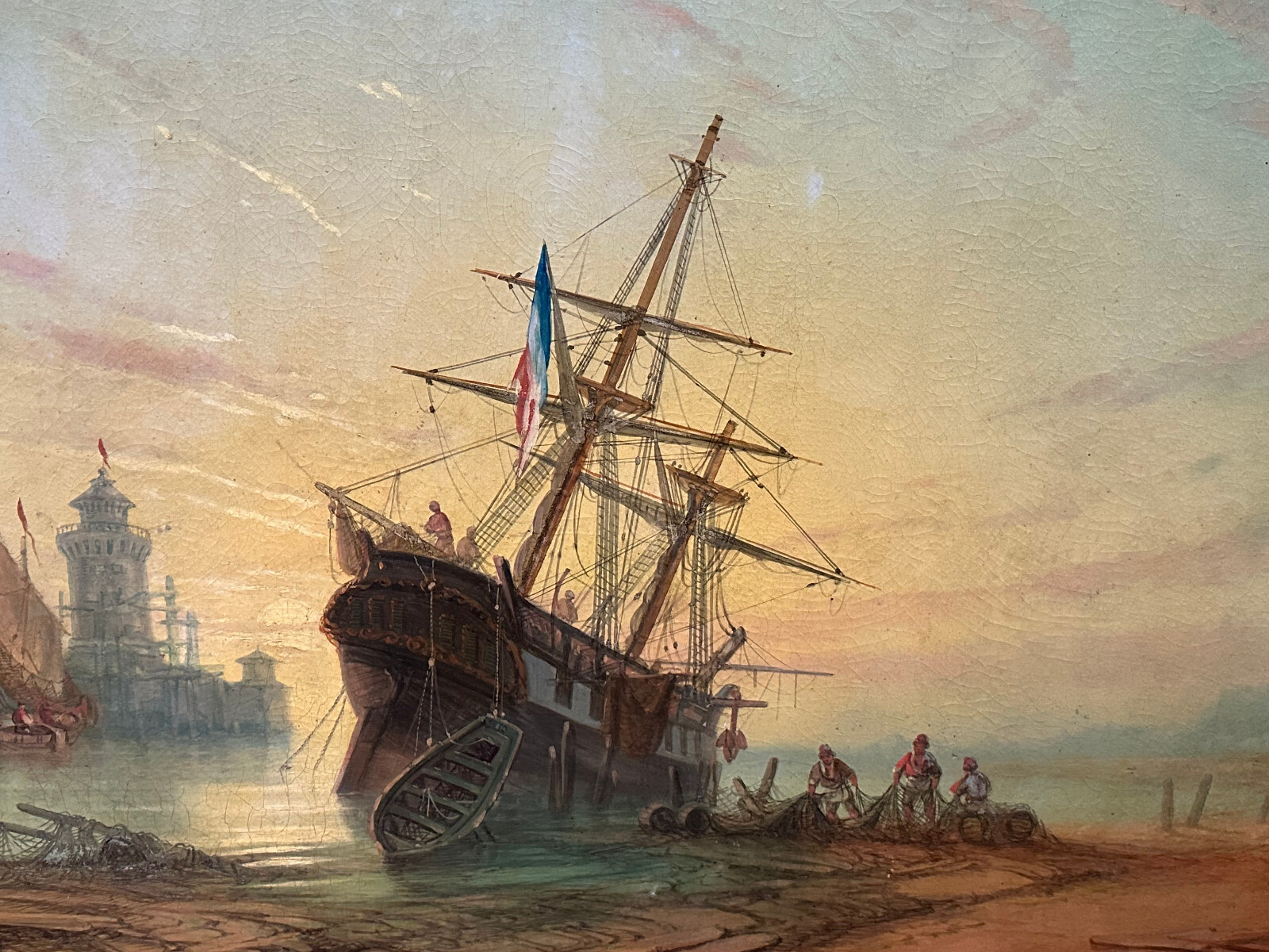 MONUMENTALES ÖLGEMÄLDE PRUNKRAHMEN SCHIFF IM HAFEN MIT PERSONEN STAFFAGE 168x119