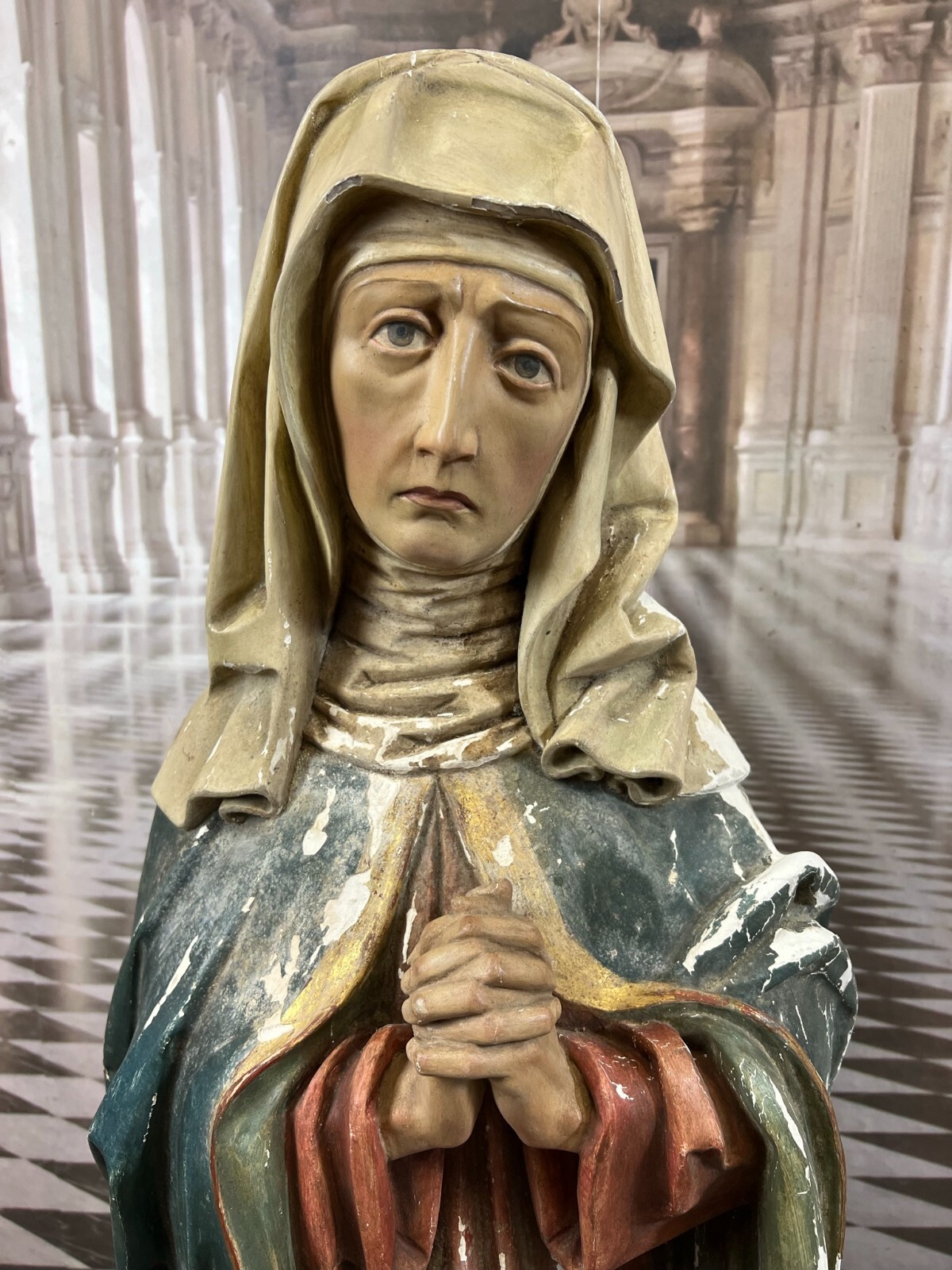 ANTIKE HEILIGENFIGUR TRAUERNDE MARIA HOLZ MASSIV HANDGESCHNITZT NAZARENER 121cm – Bild 3