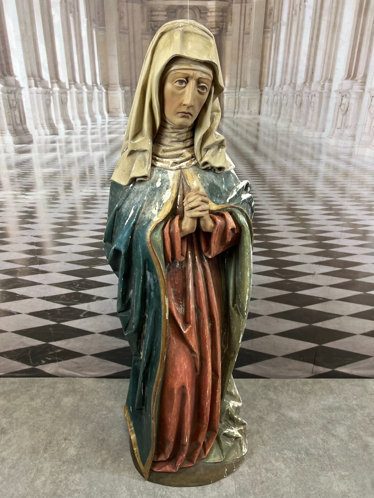 ANTIKE HEILIGENFIGUR TRAUERNDE MARIA HOLZ MASSIV HANDGESCHNITZT NAZARENER 121cm