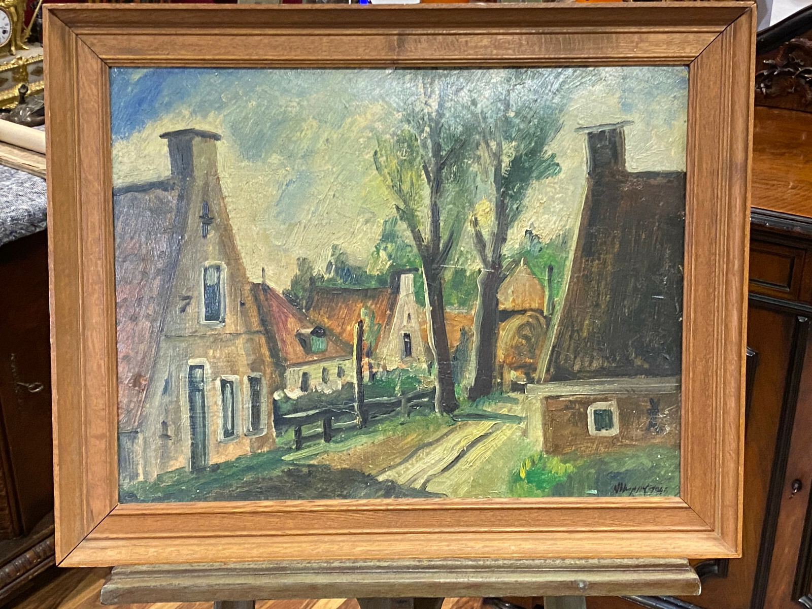 ANTIKES ÖLGEMÄLDE ÖL AUF KARTON DORF GASSE ABMESSUNGEN MIT RAHMEN 69x56cm – Bild 3